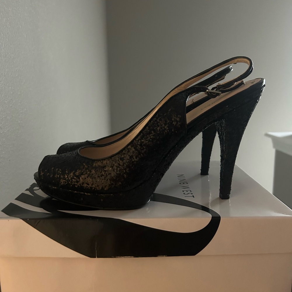 Nine West Glitter Black Slingback Heels
